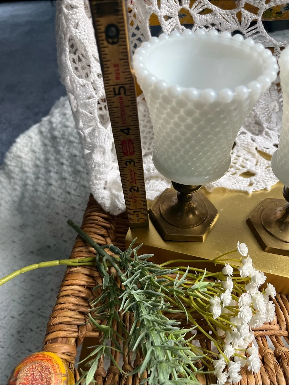 Vitg Ring of Fire Hobnail Milk Glass Peg Votives Paired with Vtg brass holders